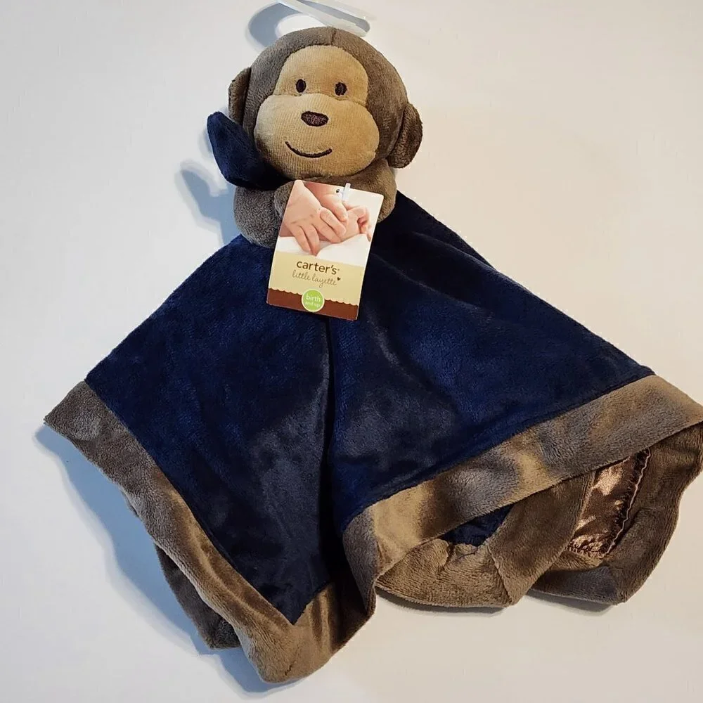 Carter's brown monkey blue blanket lovey rattle baby toy New